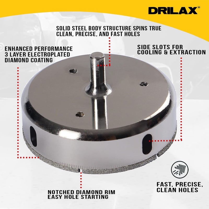 DRILAX طقم مناشير ثقوب الماس 4 بوصة من دريلاكس | عمق 1-1/8" | منشار ثقوب للبلاط والزجاج مع دليل موضع ووظيفة تبريد بالماء | للسيراميك، البورسلين، الحجر، البلاط، الزجاج - Image 5